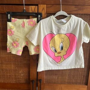 Zara Tweety Heart Graphic Tee & Floral Bike Shorts Set - Yellow & Pink